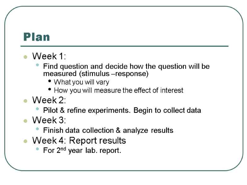 Plan Week 1: Find question and decide how the question will be measured (stimulus